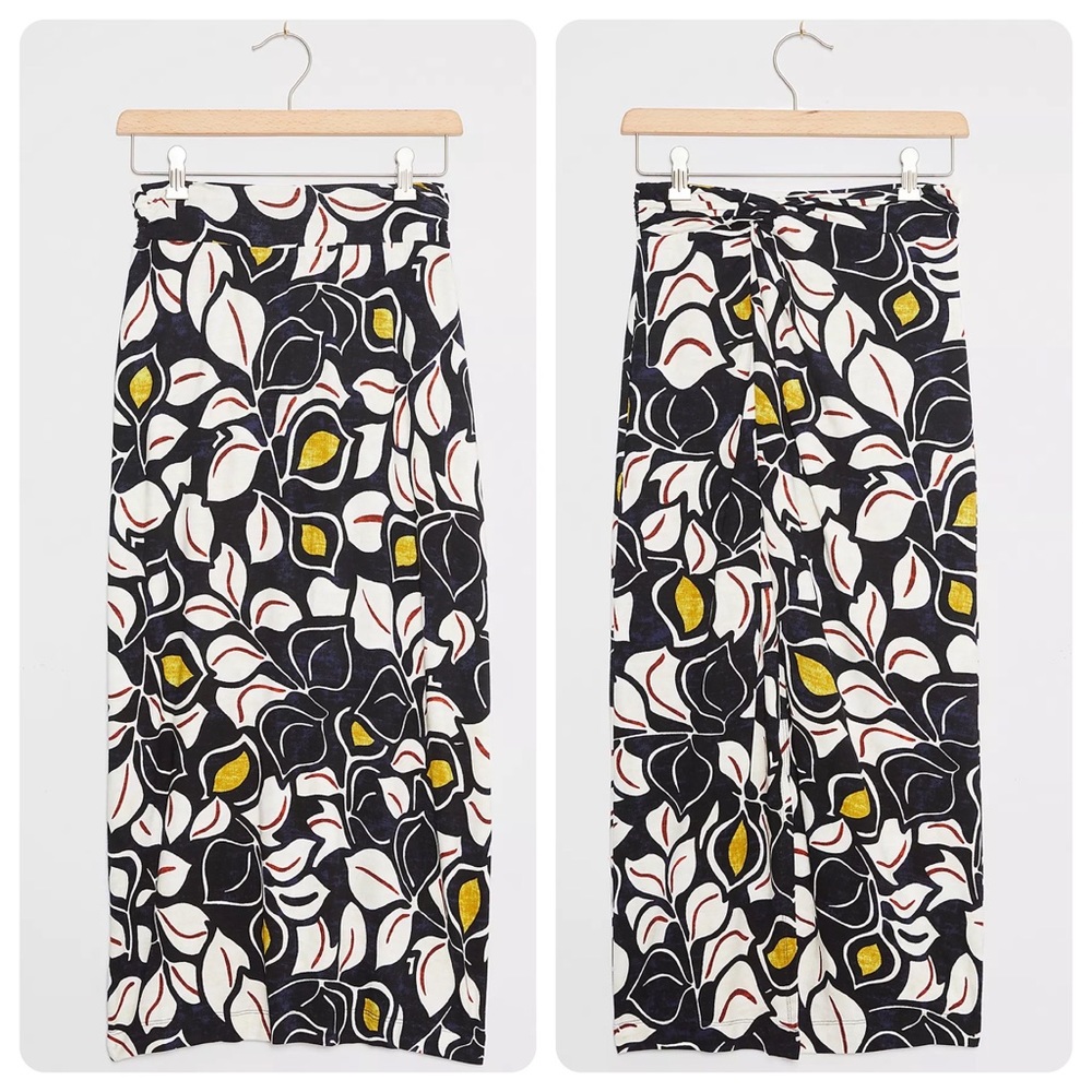ANTHROPOLOGIE XL NWT Sheila Leaf Print Navy Cream Twist Sarong Midi Skirt